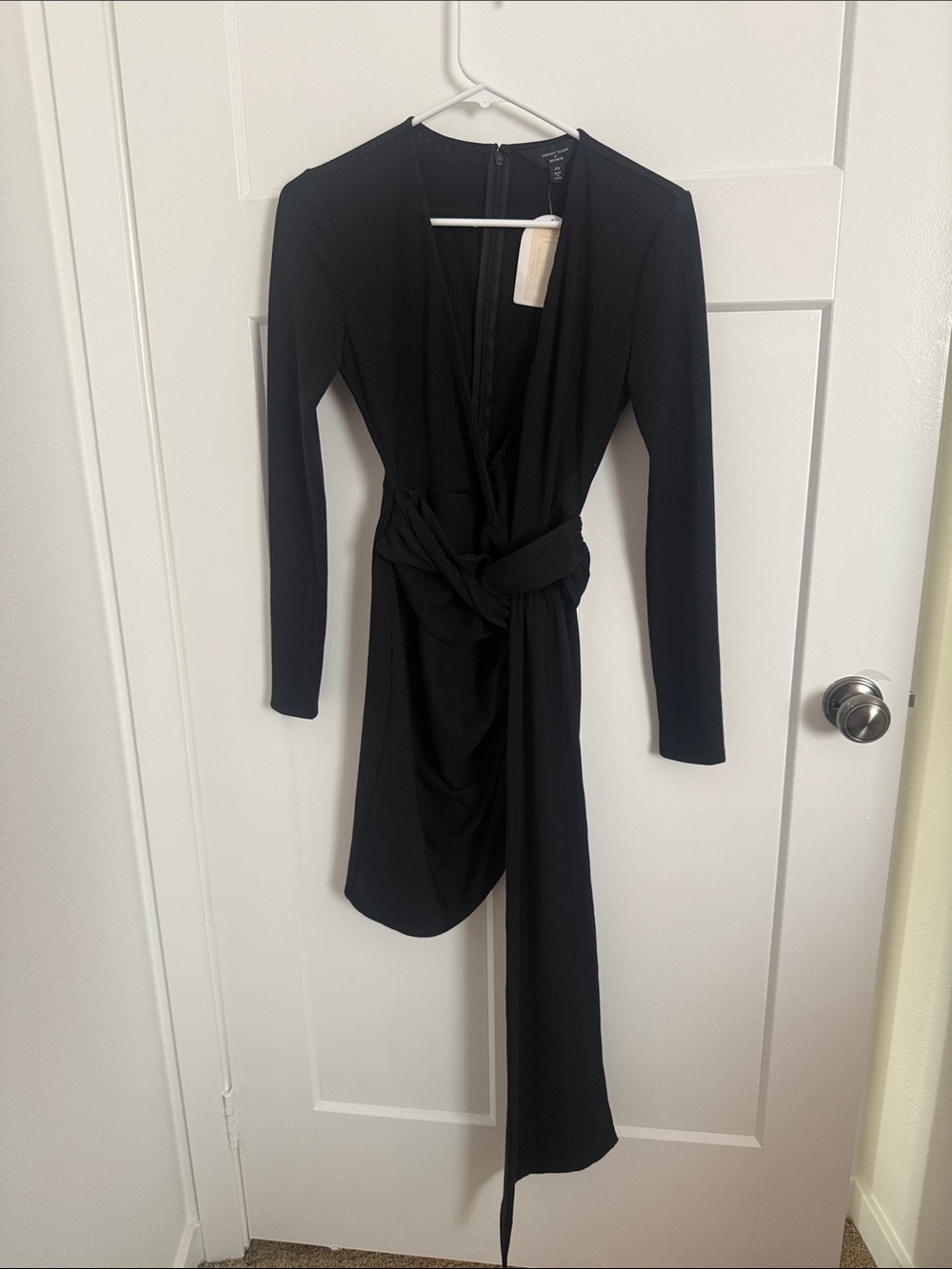 Long-Sleeve Black Knot-Detail Midi Dress